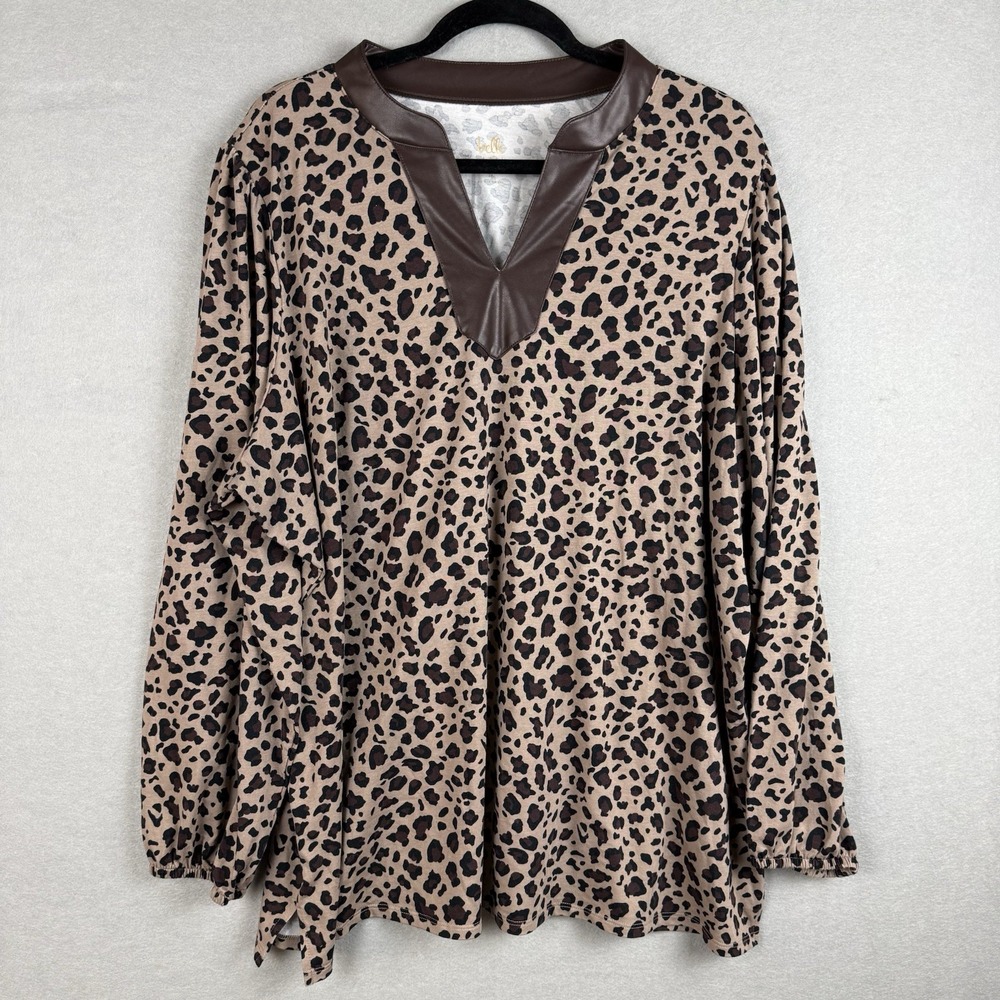 Belle Kim Gravel Top Womens‎ 2X Brown V-Neck Faux Leather Animal Print Blouse